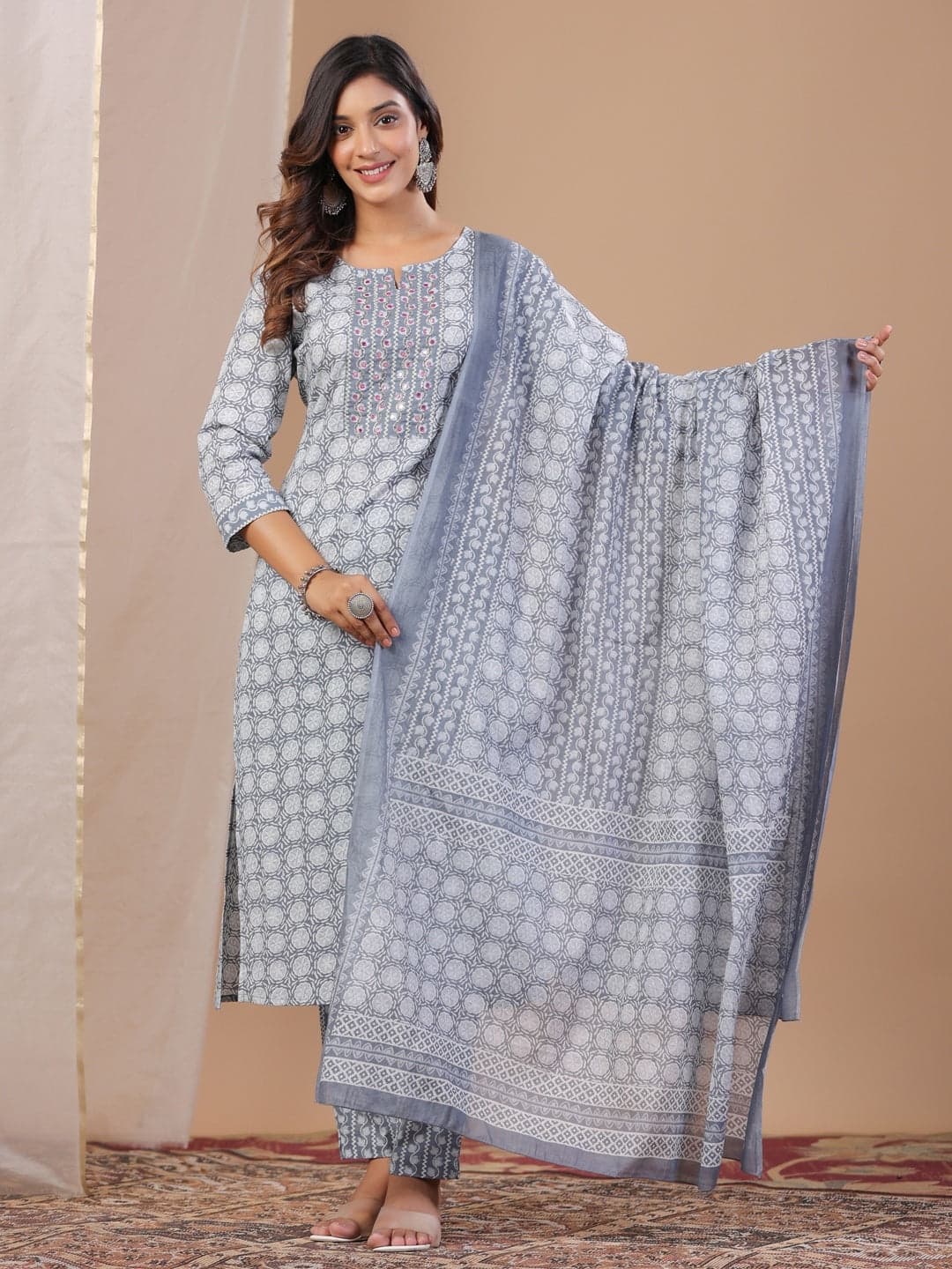 Kemigen Women's Grey Ethnic Motifs Printed Beads And Stones Pure Cotton Kurta With Trousers & With Dupatta