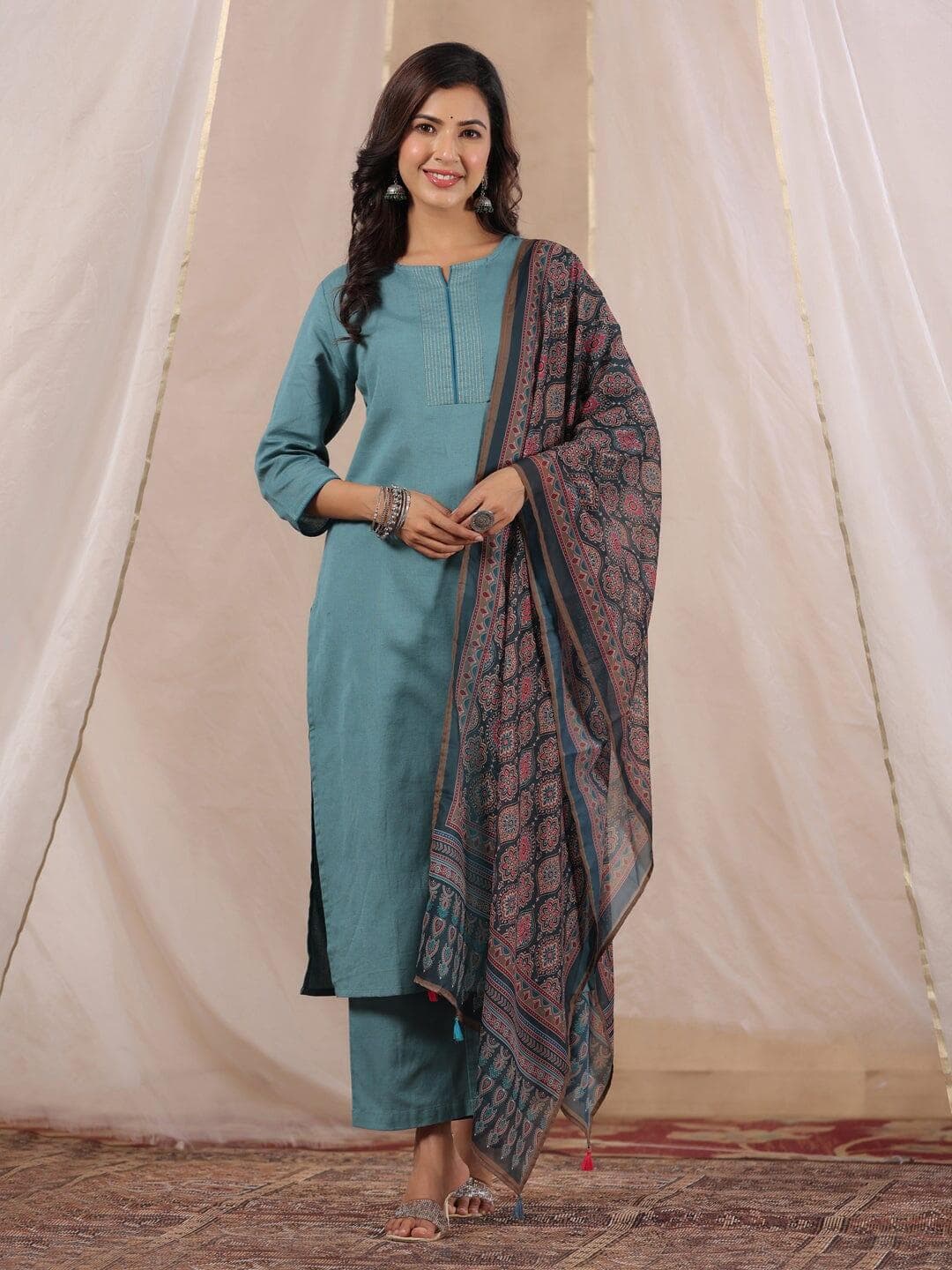 Kemigen Women's Cotton Flex Kurta Set With Chiffon Dupatta