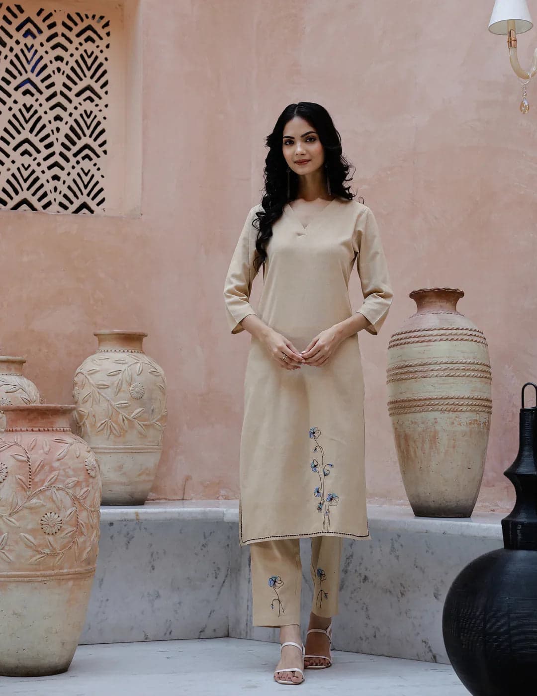 Kemigen Beige Solid Print Cotton Kurta Set