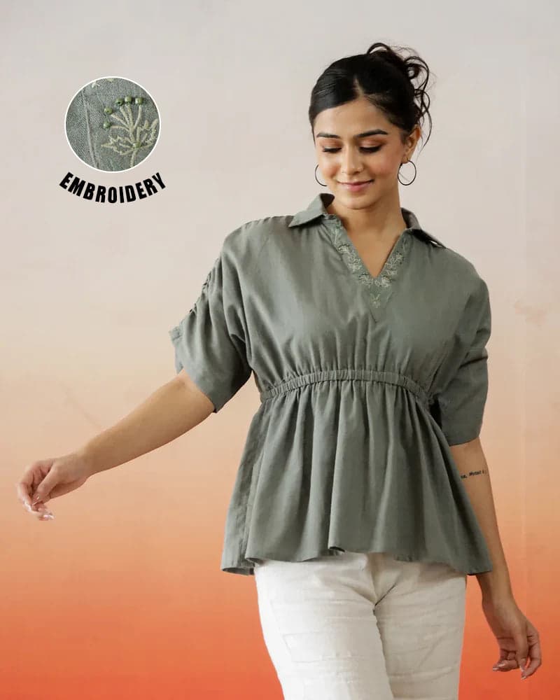 Kemigen Solid Print Cotton Embroidered Top
