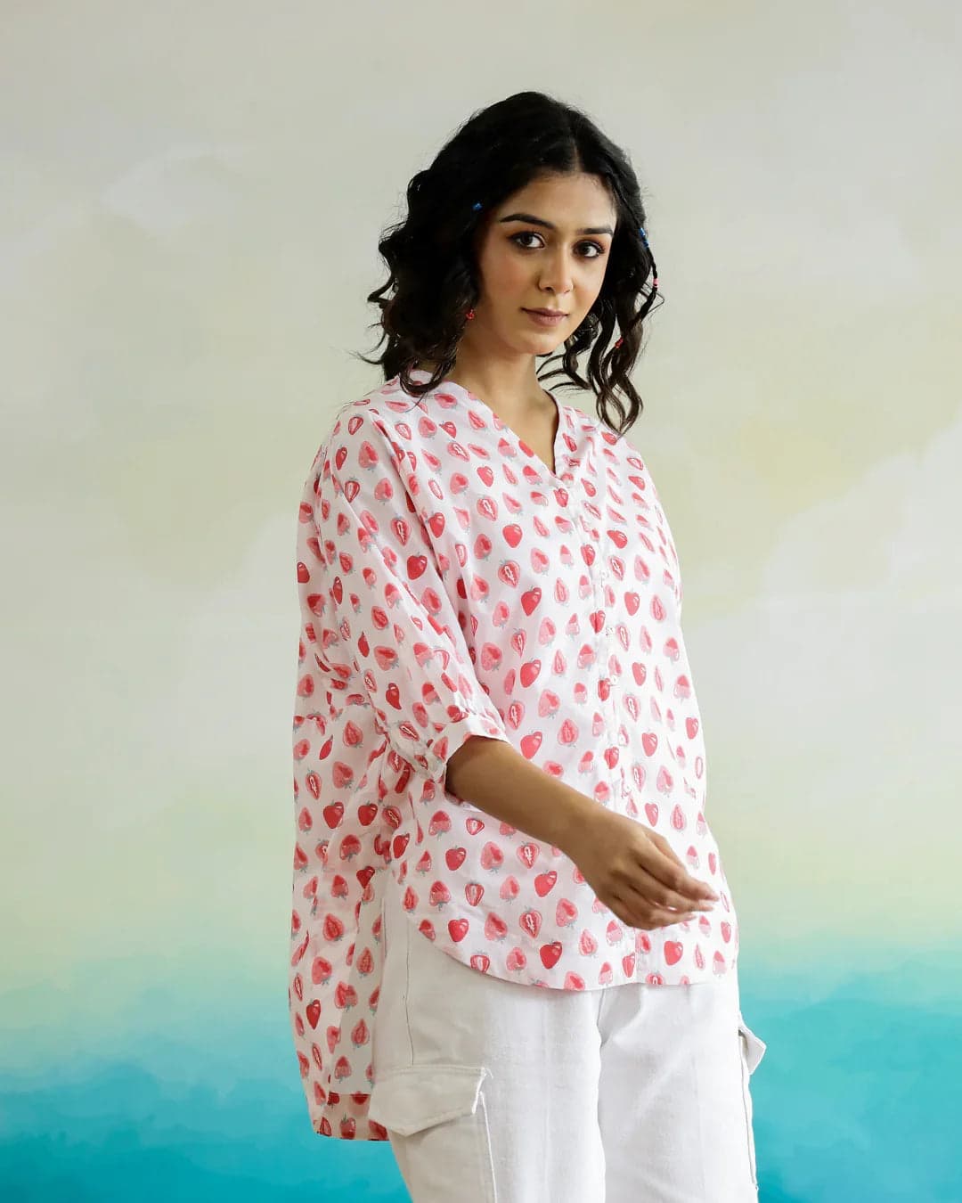 Kemigen Strawberry Print Cotton V-Neck Top