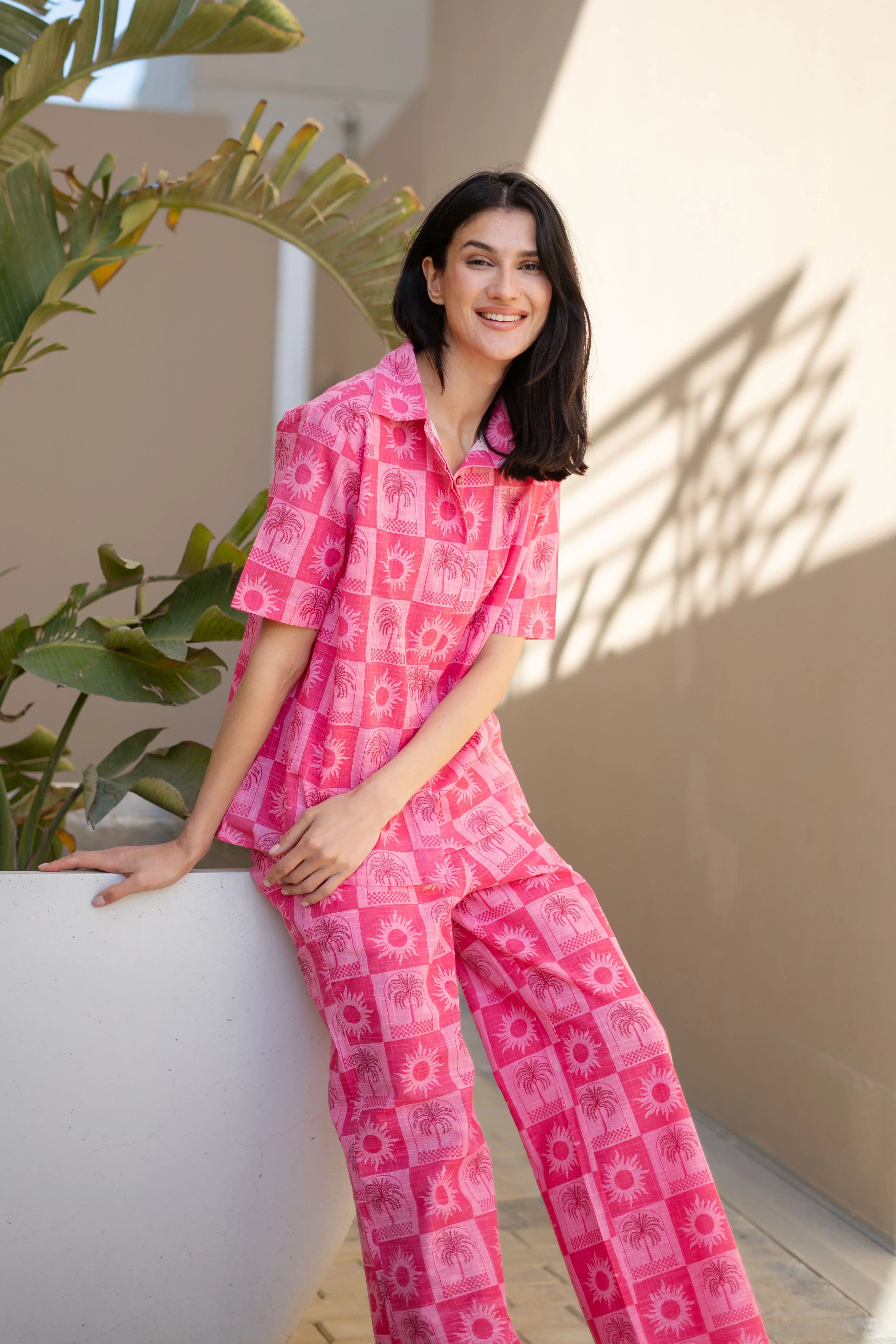 Kemigen Women's Pink Floral Printed Cotton Co-Ord Set