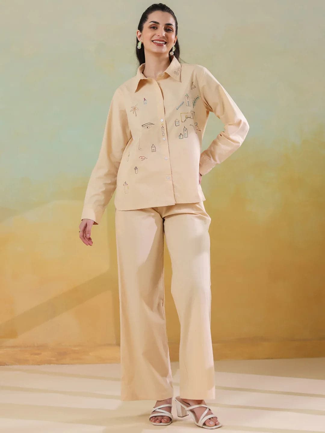 Kemigen Women's Cream Color Shirt Collar Pure Cotton Co-Ord Set