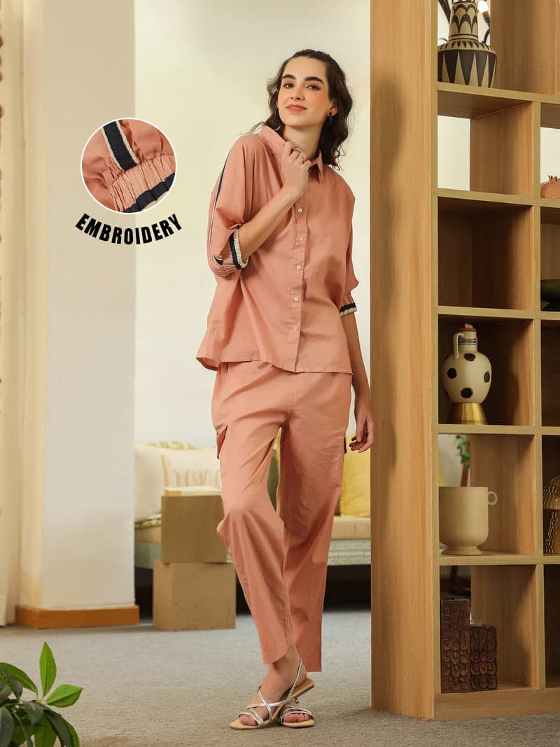 Kemigen Women's Peach Shirt Collar Pure Cotton Shirt Solid Co-Ord Set