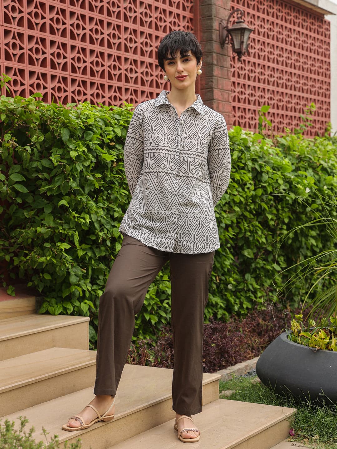 Kemigen Women's White Shirt Collar Pure Cotton Shirt Printed Co-Ord Set