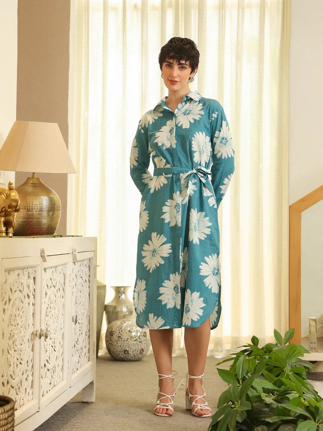 Kemigen Women's Blue Cotton Printed Shirt Collar Dress