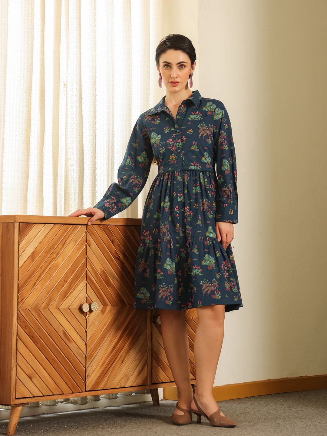 Kemigen Women's Navy Blue Cotton Printed Shirt Collar Dress