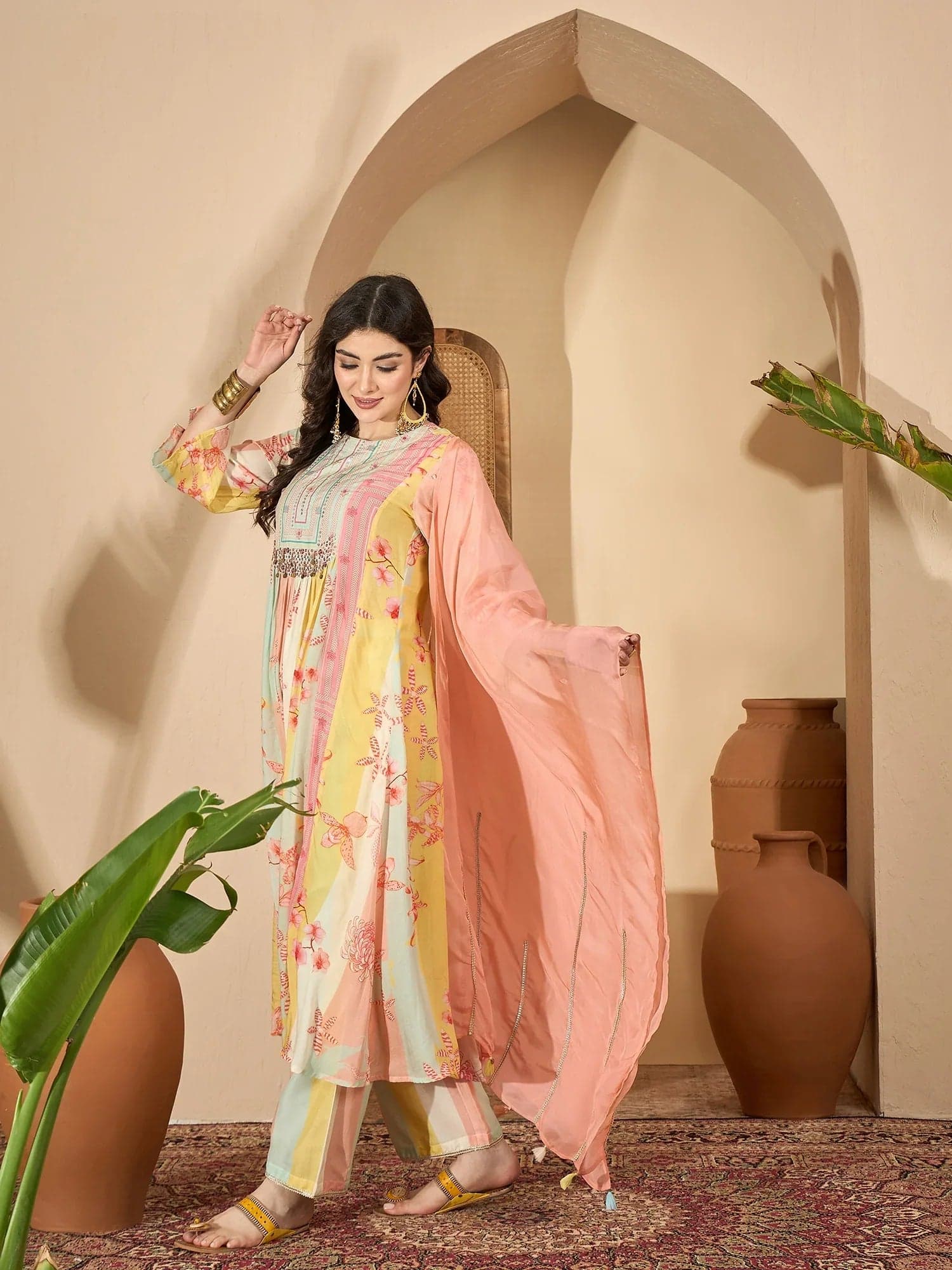 Kemigen Women's Multicolor Printed Round Neck Pure Cotton Kurta Set