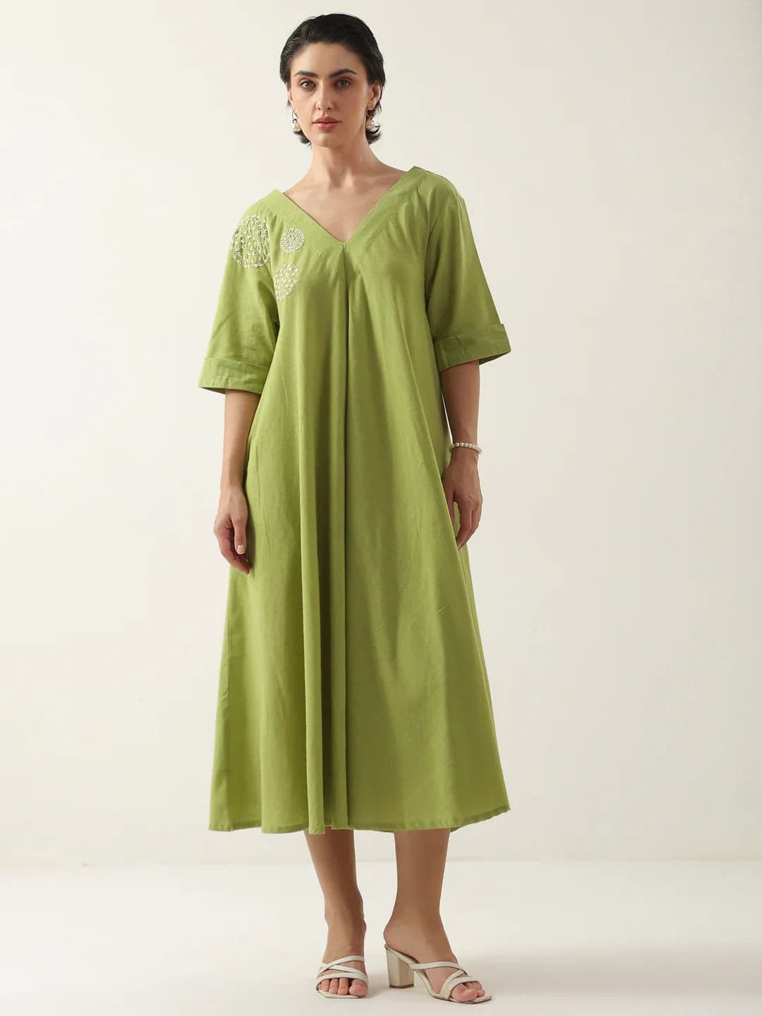Kemigen Women's Lime Green V-Neck Cotton Dress