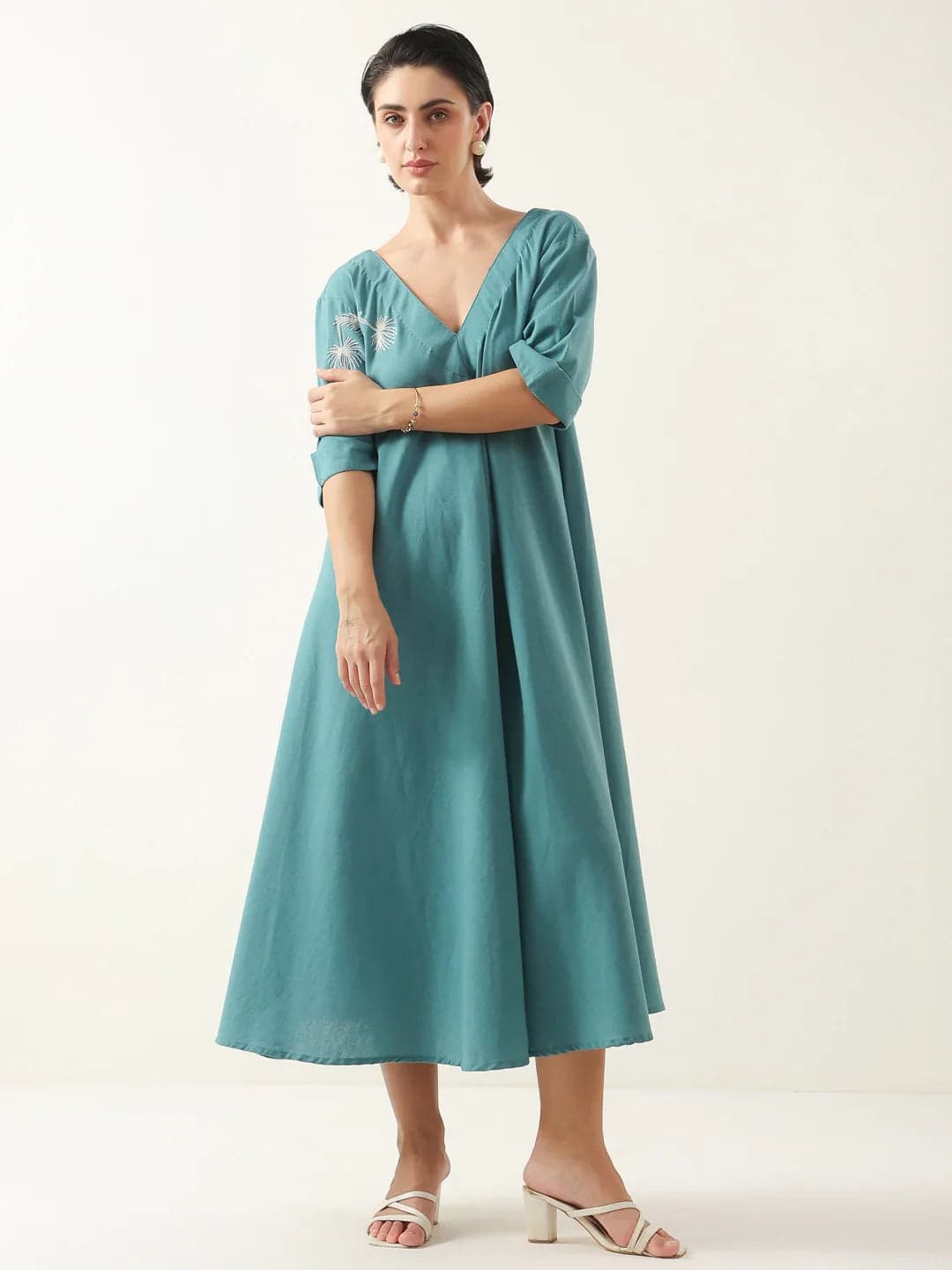 Kemigen Women's Blue V-Neck Solid Cotton Dress