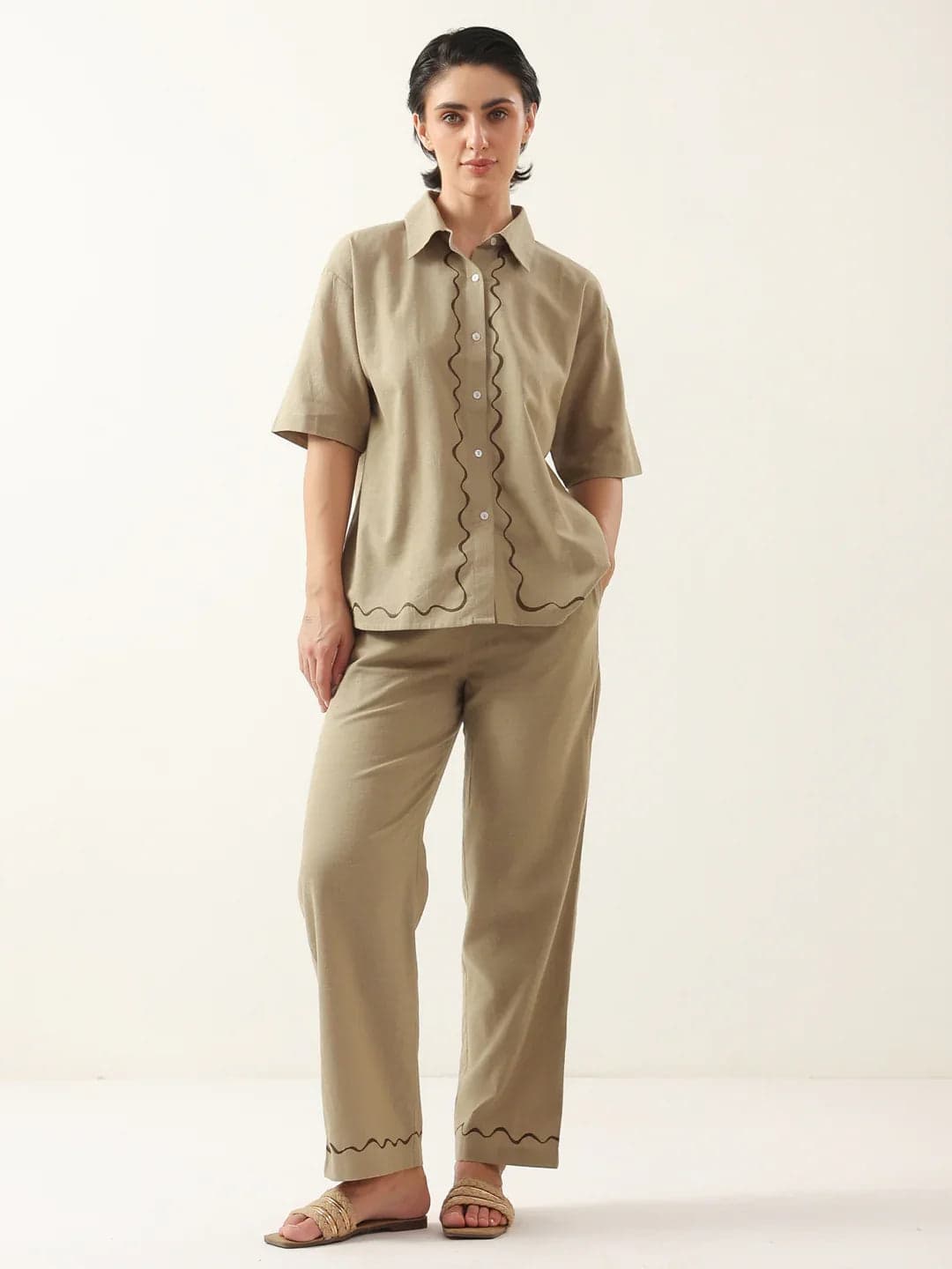 Kemigen Brown Solid Cotton Shirt Collar Night Suit