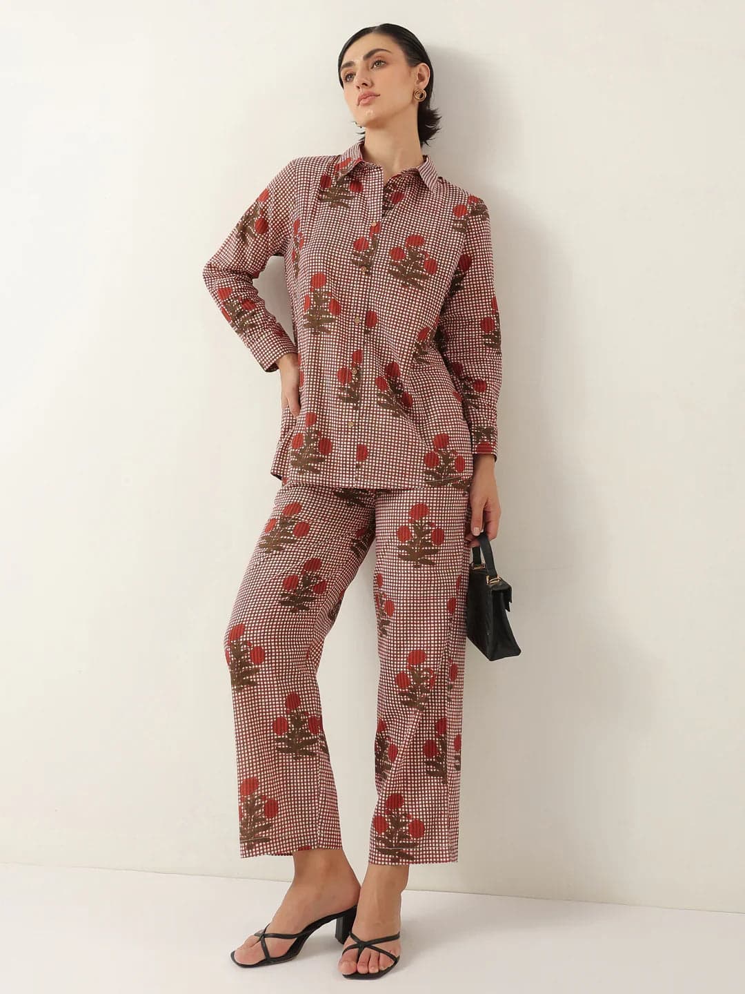 Kemigen Red Cotton Floral Printed Shirt Collar Night Suit