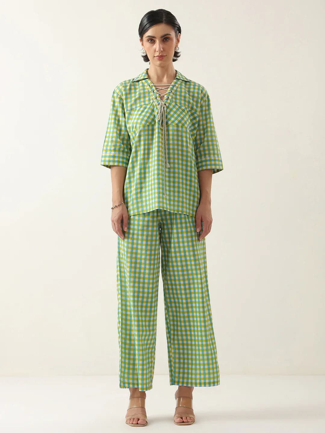Kemigen Women's Green Color Check Printed Cotton Co-Ord Set