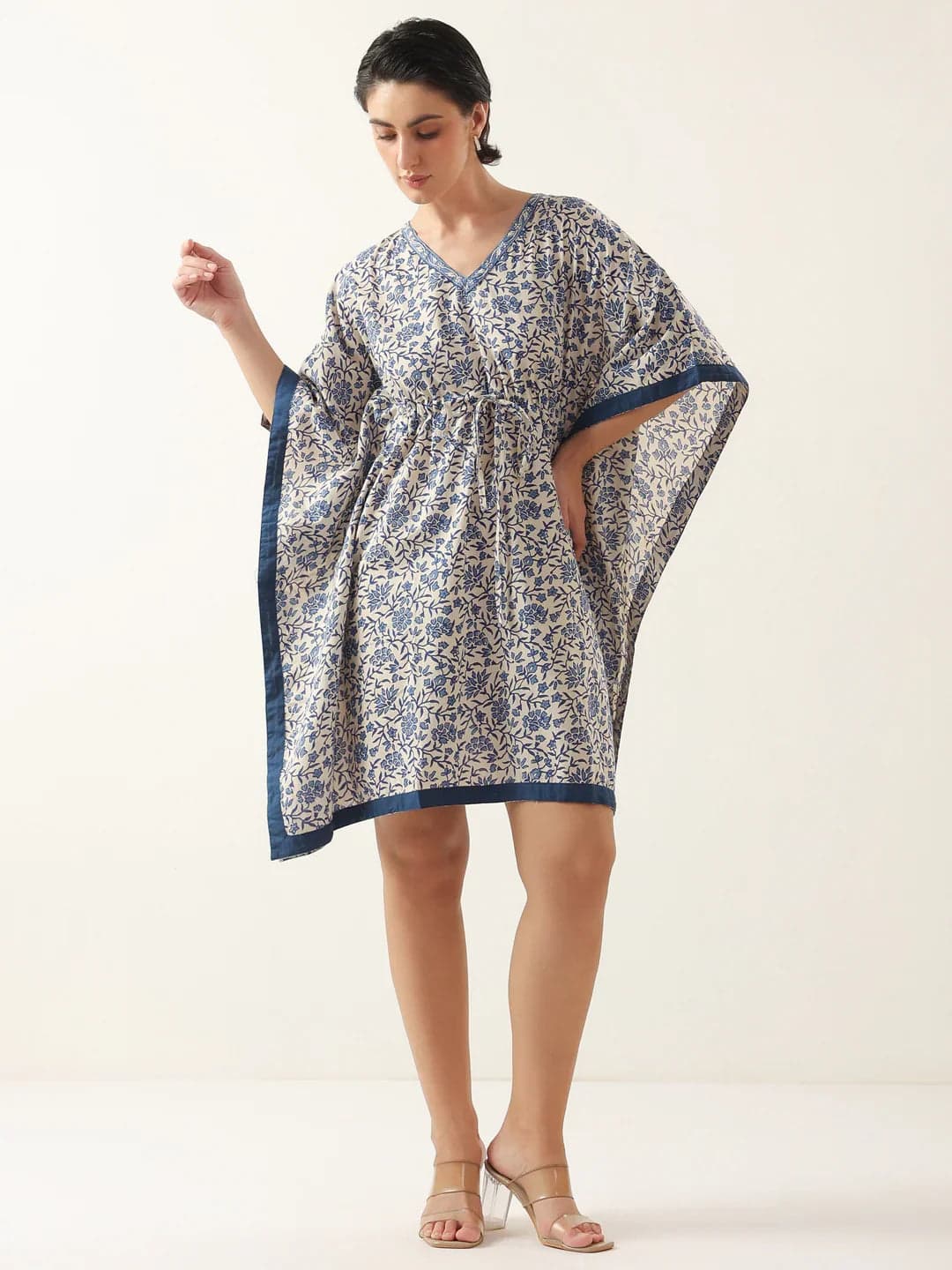 Kemigen Off White V-Neck Pure Cotton Kaftan Night Dress