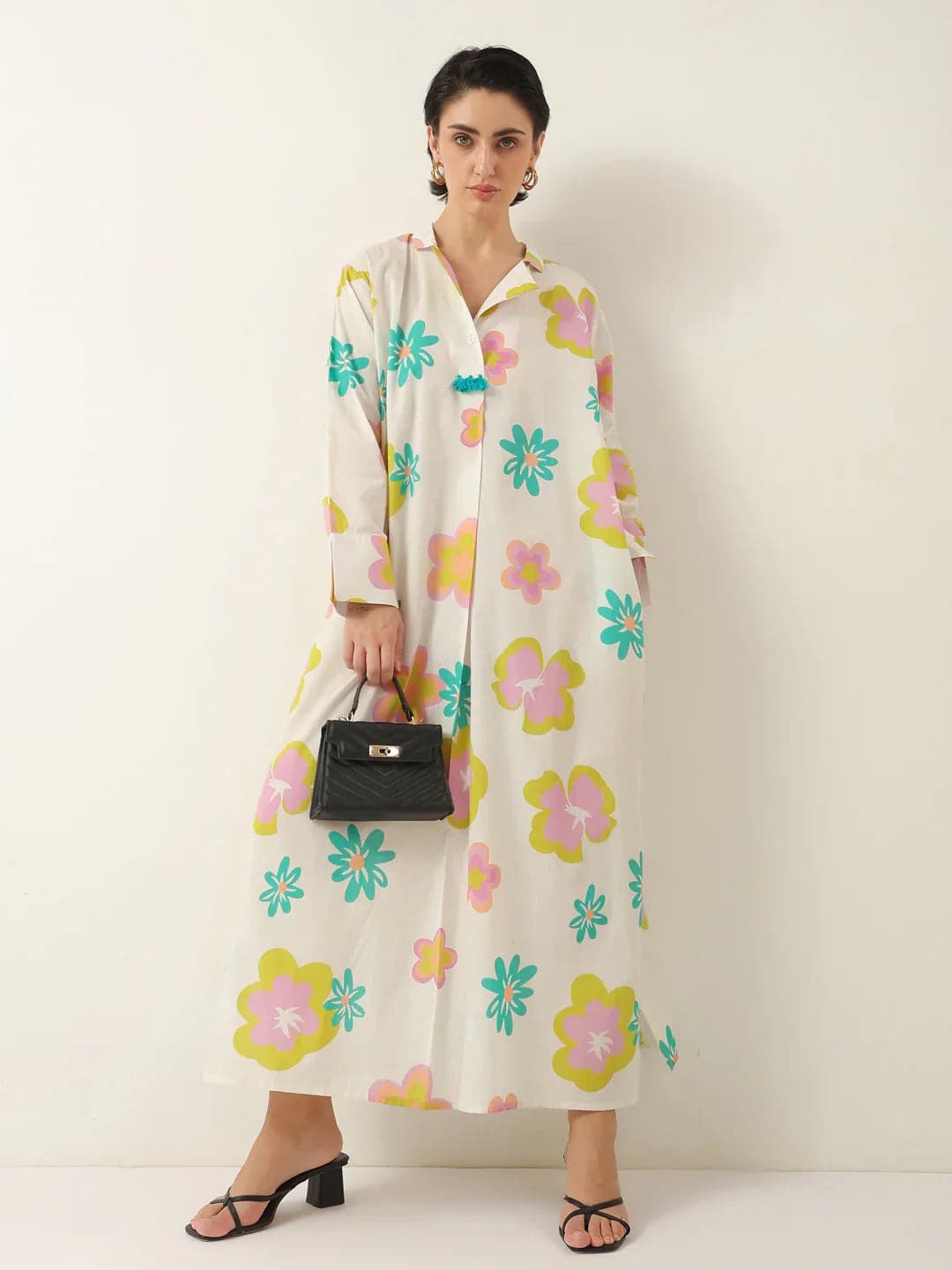 Kemigen Women's White Color Floral Shirt Collar Dress