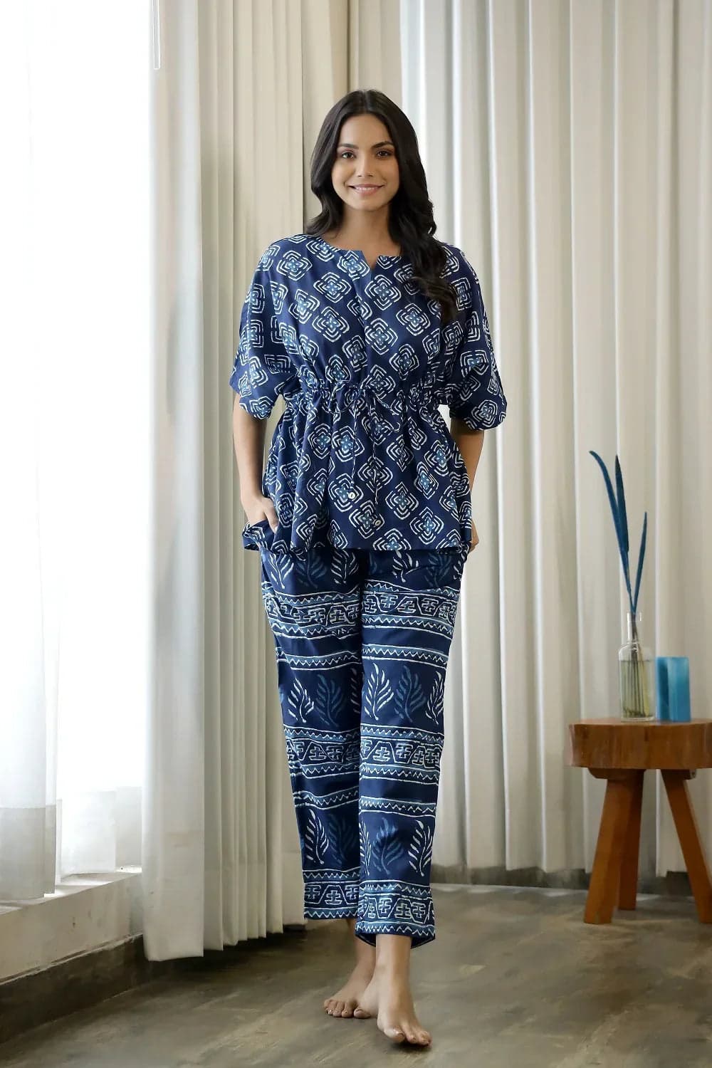 Kemigen Women's Navy Blue Pure Cotton Ethnic Motifs Printed Kaftan With Pyjama