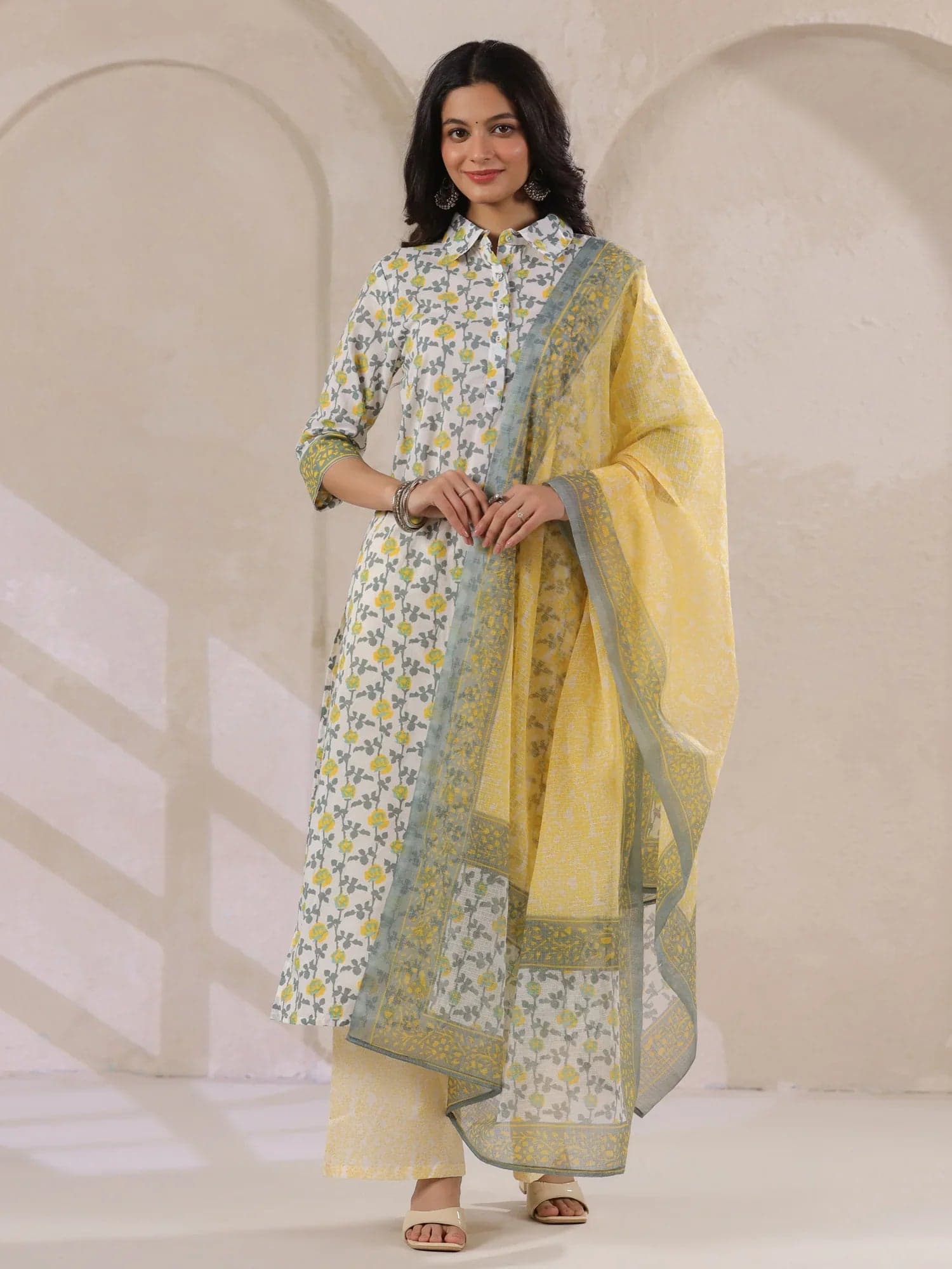Kemigen Off White Cotton Kurta Set Yellow Flower Printed With Dupatta