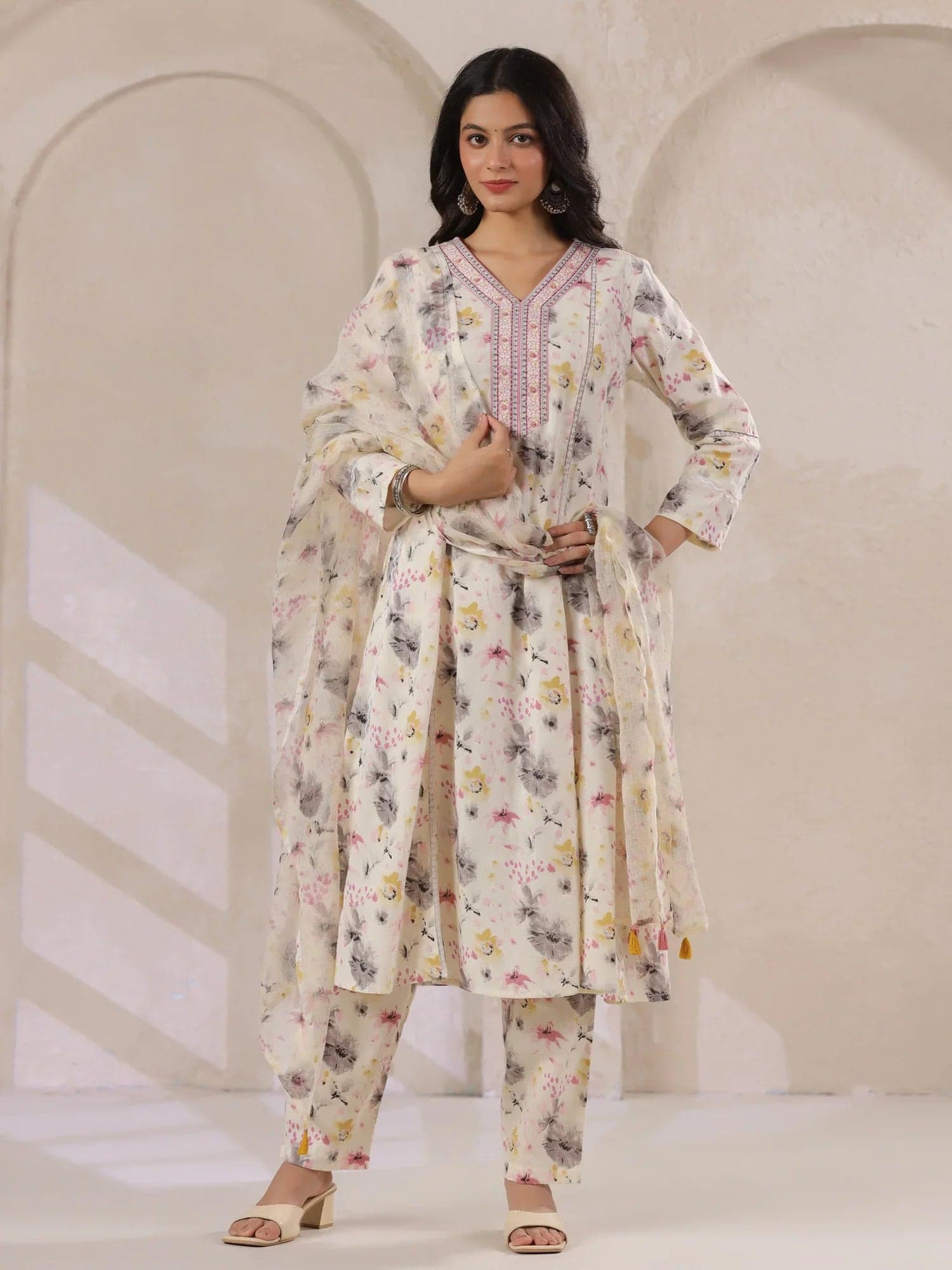 Kemigen Off-White Cotton Floral Printed Anarkali Kurta With Dupatta Set