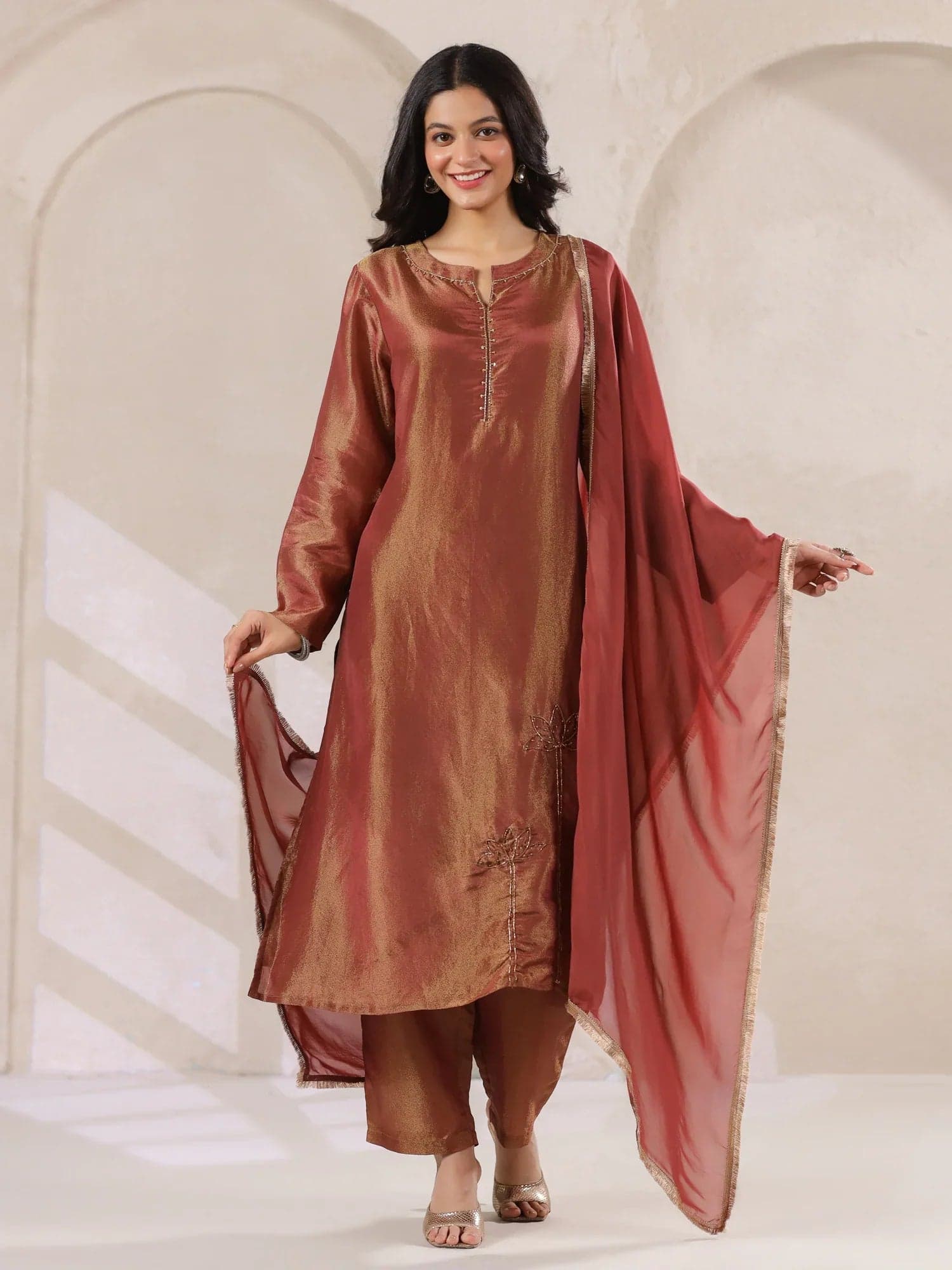 Kemigen Women's Maroon Tissue Kurta With Straight Pants And Dupatta Set