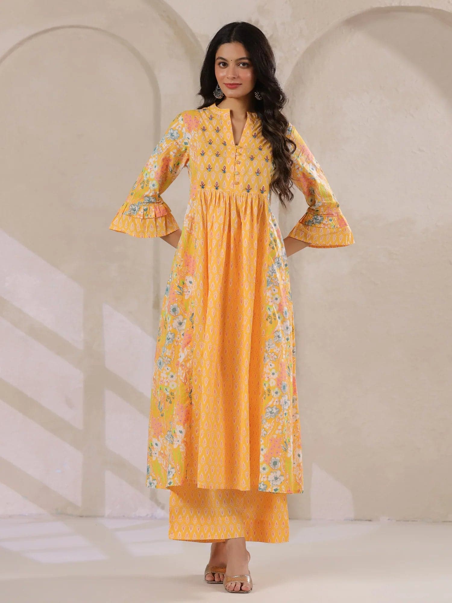 Kemigen Women's Yellow V-Neck Cotton Kurta With Floral Print And Palazzos
