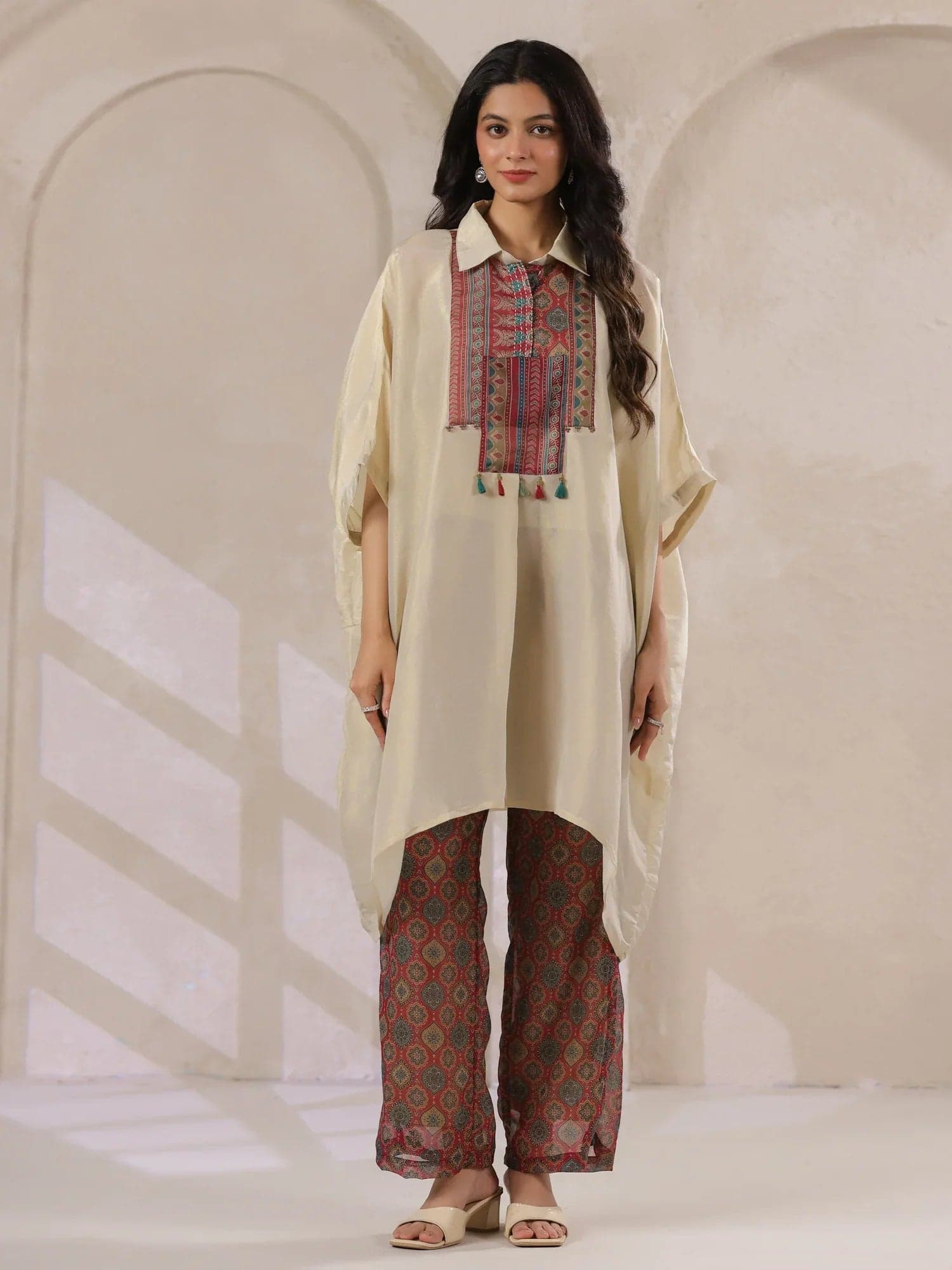 Kemigen Cream Kaftan Co-Ord Set With Embroidered And Printed Pants