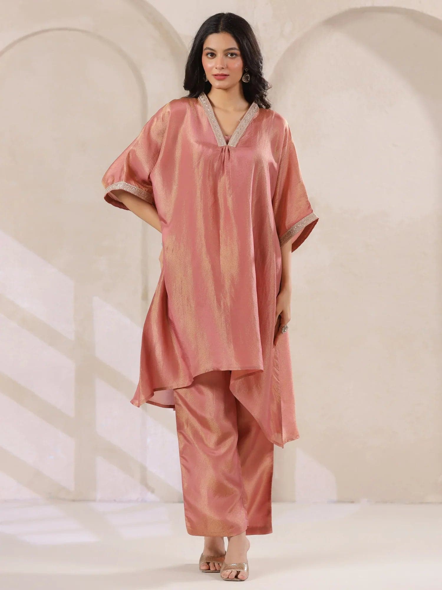 Kemigen Women's Rust Silk Blend Kaftan Co-Ord Set With Embellished