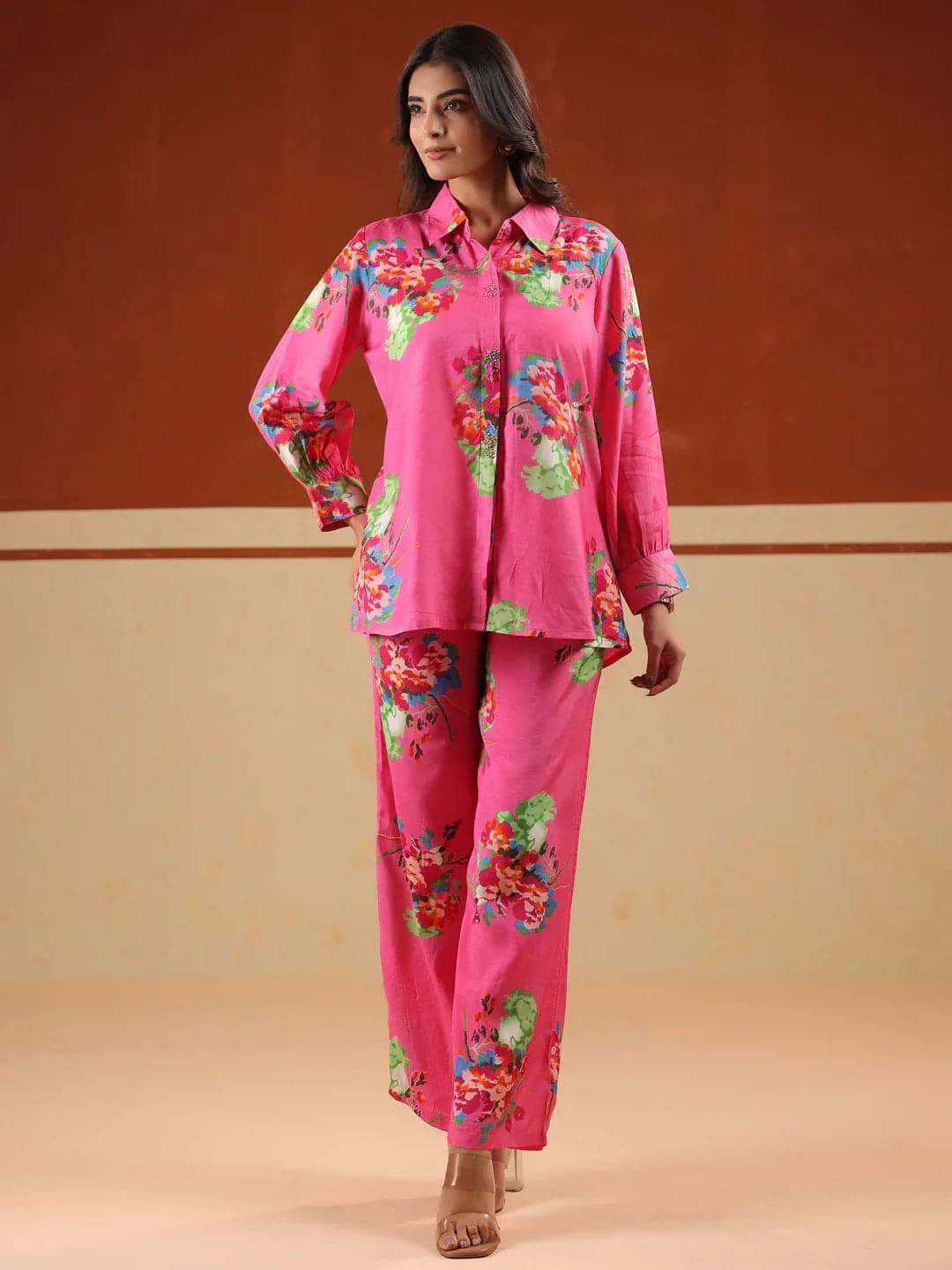 Kemigen Pink Floral Print Relaxed Shirt And Trousers Co-Ord Set
