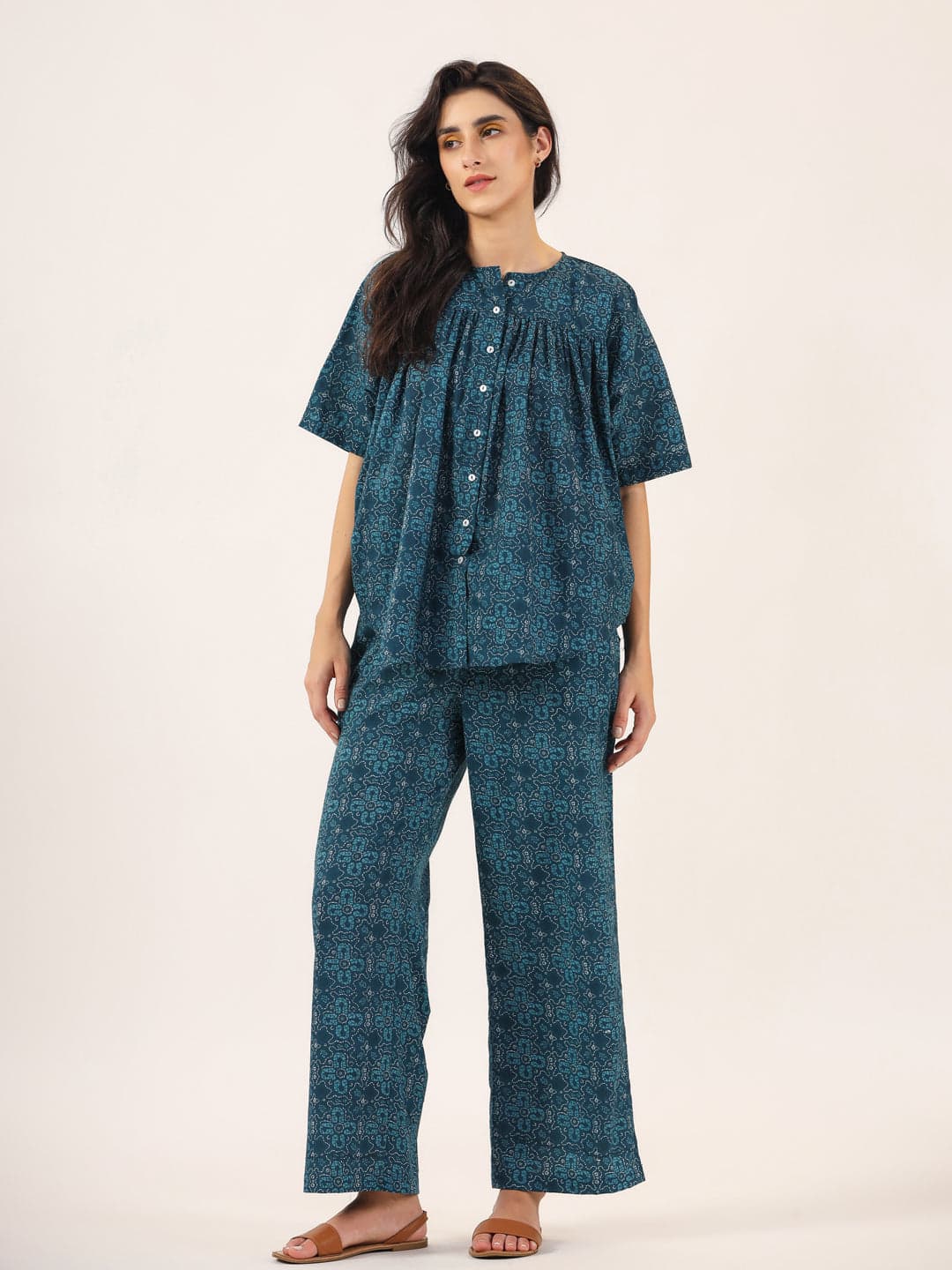 Kemigen Women's Blue Printed Round Neck Cotton Night Suit Set