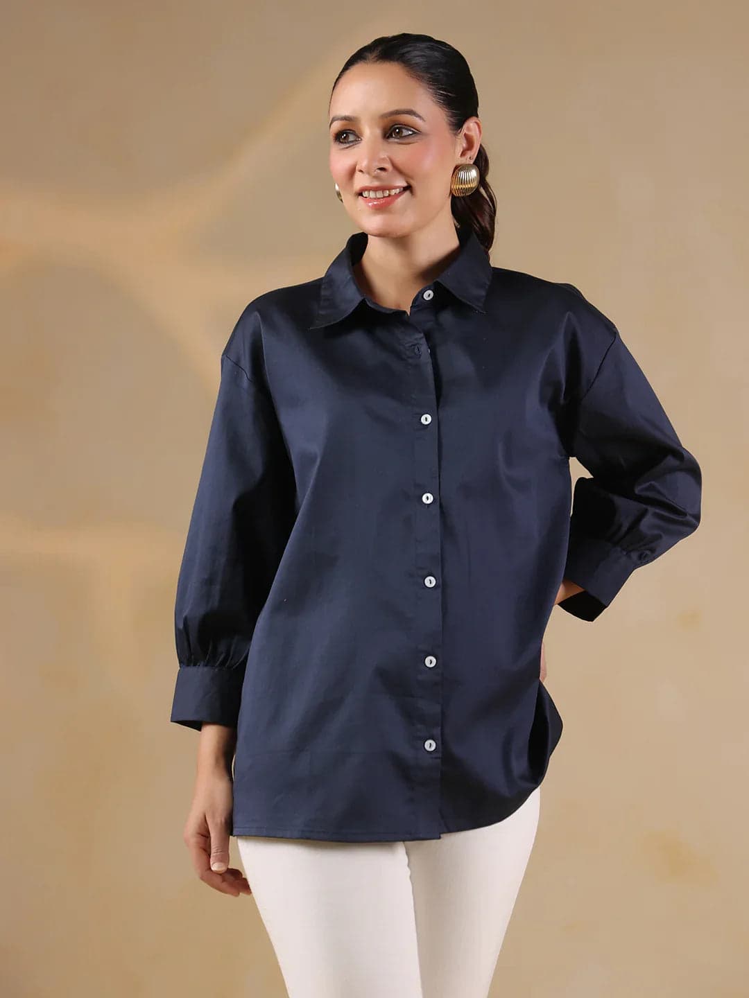 Kemigen Women's Navy Blue Shirt Collar Oversized Solid Women Shirt