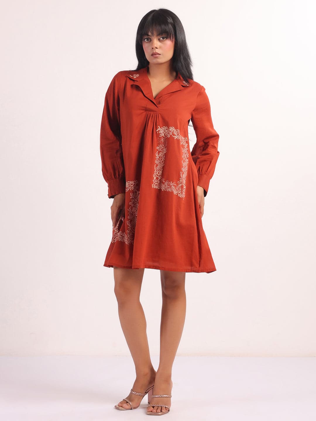 Kemigen Women's Rust Shoulder Straps Printed Flared Midi Dress