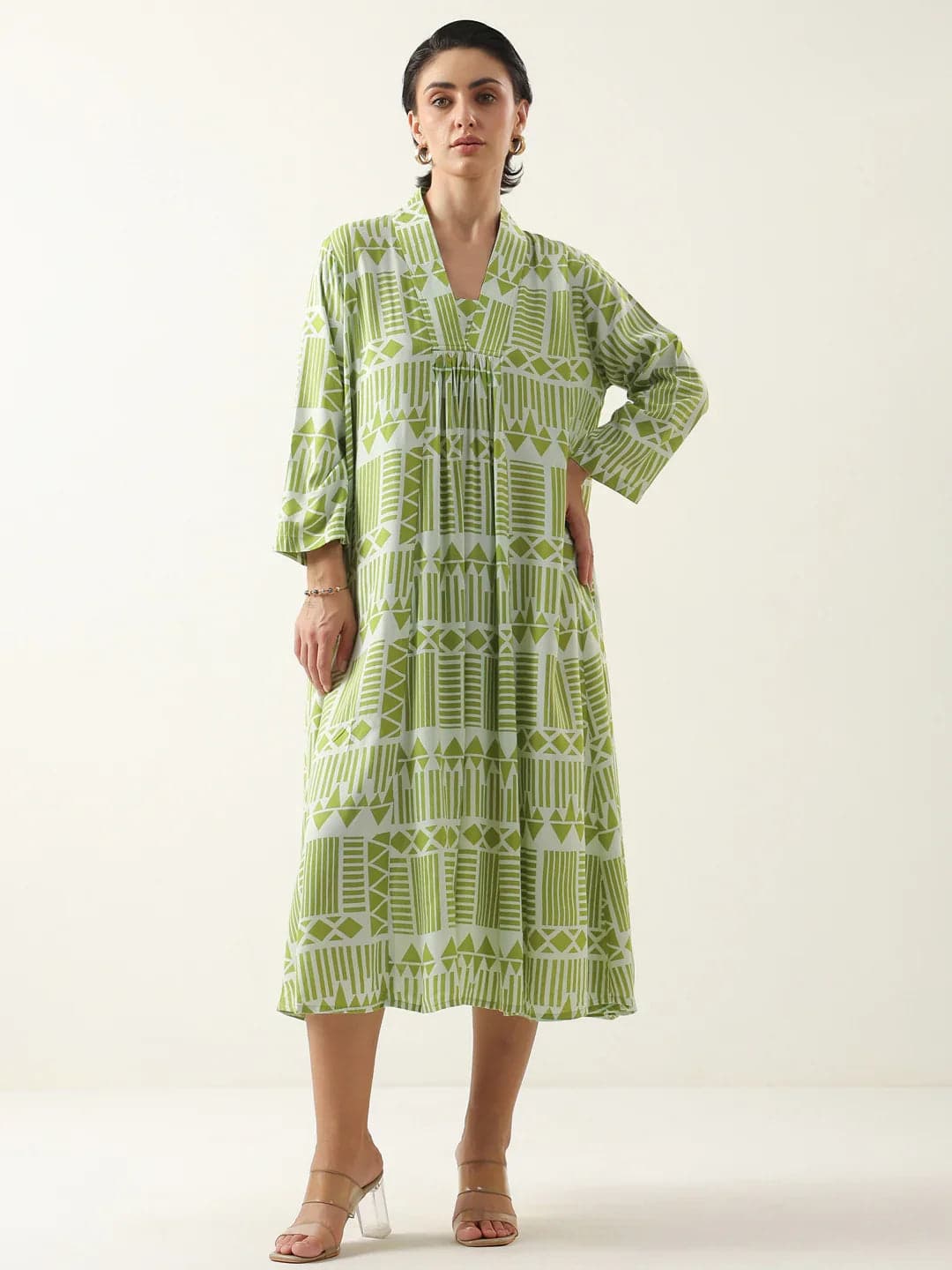 Kemigen Women's Green Geometric Print Viscose Rayon Dress
