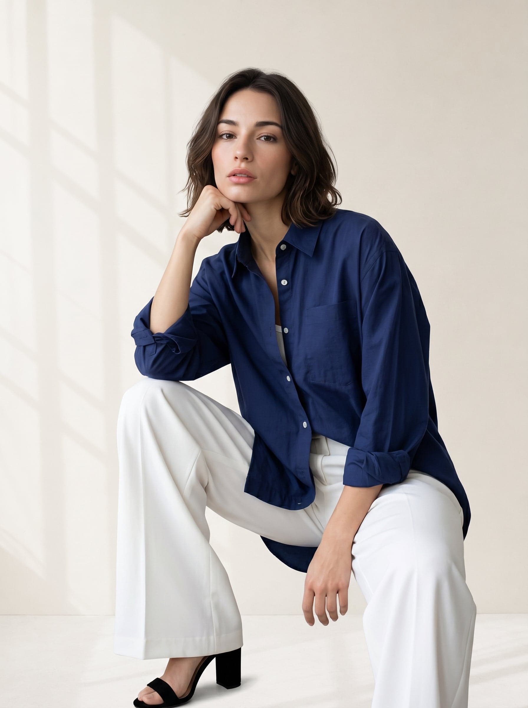 Kemigen Women's Blue Spread Collar Solid Casual Cotton Shirt